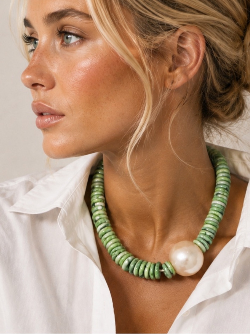 New! Green Disk Beaded Pearl Bead Statement Necklace NWOT